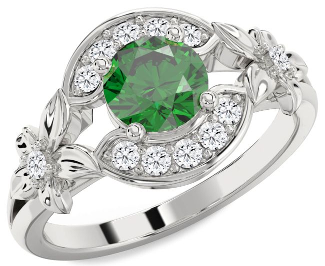Diamond Emerald Platinum Flower Ring