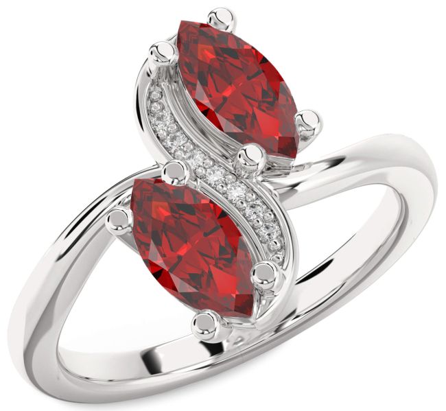 Diamond Ruby Silver Marquise Two Stone Birthstone Ring