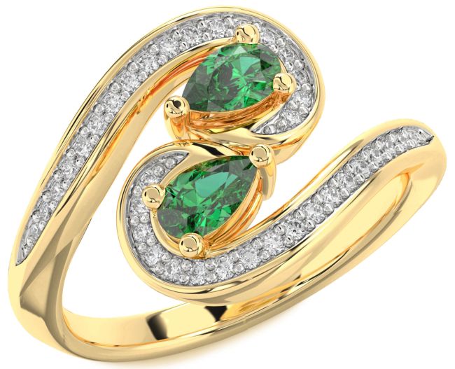 Diamond Emerald Gold Pear Two Stone Birthstone Ring