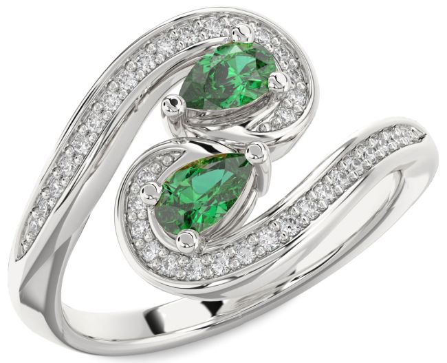Diamond Emerald Silver Pear Two Stone Birthstone Ring