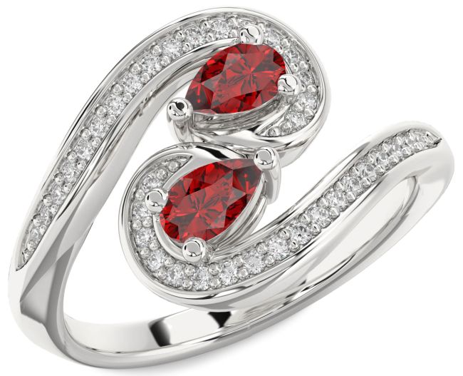 Diamond Ruby Silver Pear Two Stone Birthstone Ring