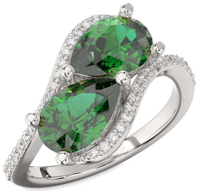 Diamond Emerald Silver Pear Two Stone Birthstone Ring
