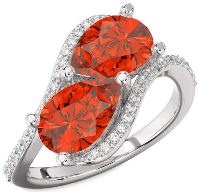 Diamond Fire Opal Platinum Pear Two Stone Ring