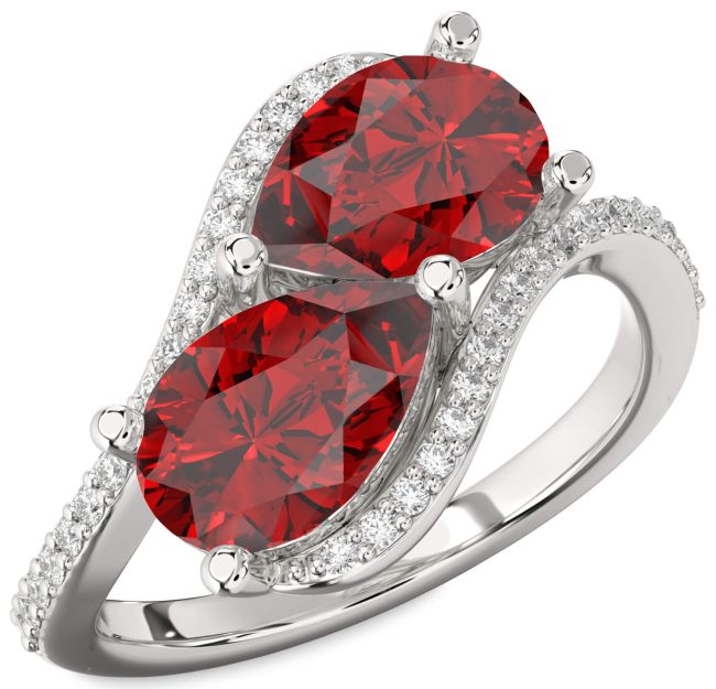Diamond Ruby Silver Pear Two Stone Birthstone Ring