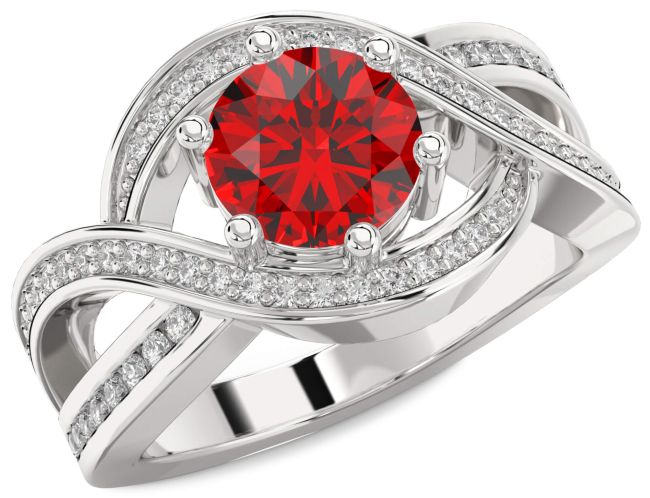 Diamond Ruby Silver Round Solitaire Pave Engagement Ring
