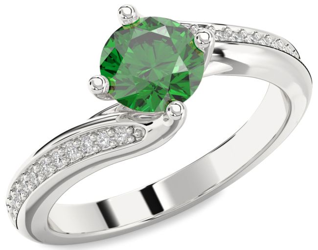Diamond Emerald Silver Round Solitaire Pave Engagement Ring