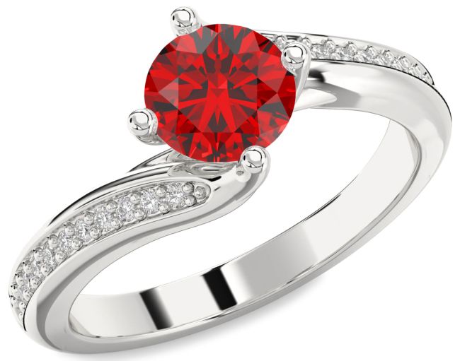 Diamond Ruby Silver Round Solitaire Pave Engagement Ring