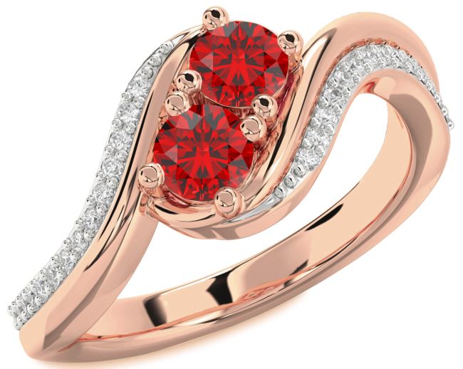 Diamond Ruby Rose Gold Round Two Stone Birthstone Ring