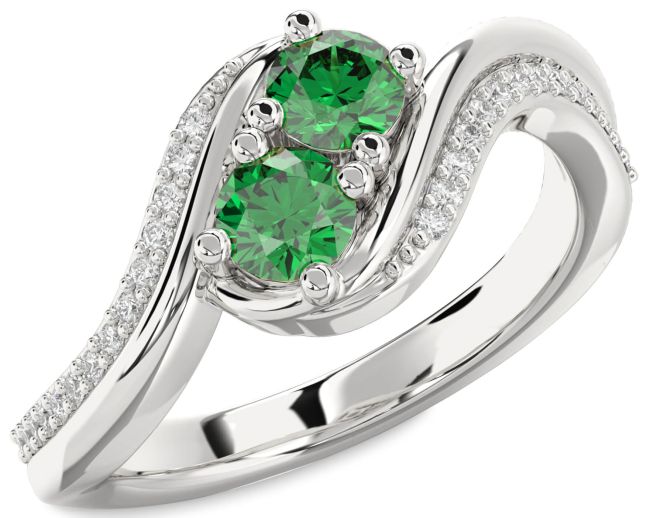 Diamond Emerald Silver Round Two Stone Birthstone Ring