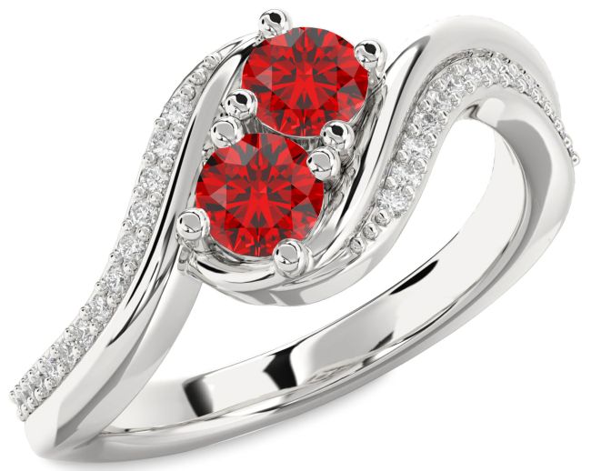Diamond Ruby Silver Round Two Stone Birthstone Ring