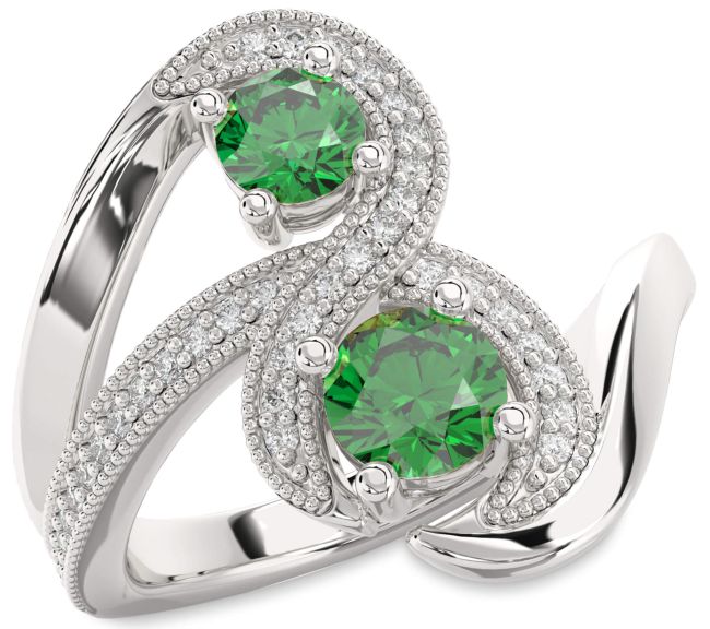 Diamond Emerald Silver Round Two Stone Birthstone Ring
