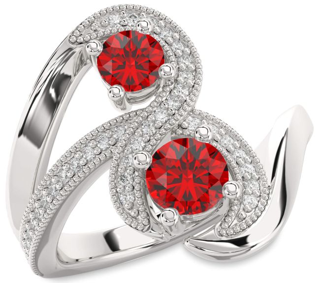 Diamond Ruby Silver Round Two Stone Birthstone Ring