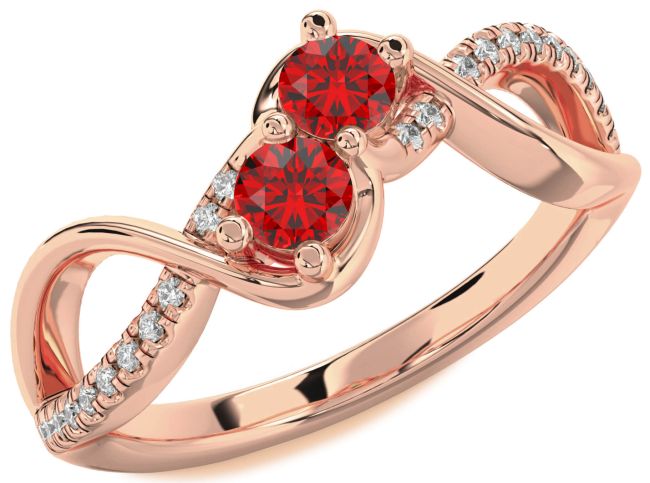Diamond Ruby Rose Gold Silver Infinity Round Two Stone Birthstone Ring