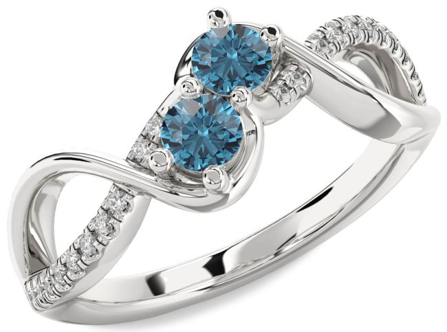 Blue Diamond Silver Infinity Round Two Stone Ring