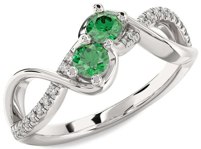 Diamond Emerald White Gold Infinity Round Two Stone Birthstone Ring