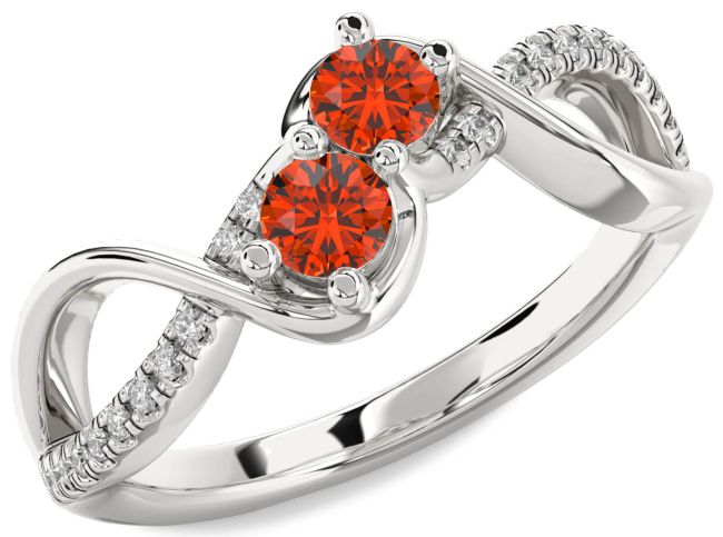 Diamond Fire Opal Silver Infinity Round Two Stone Ring