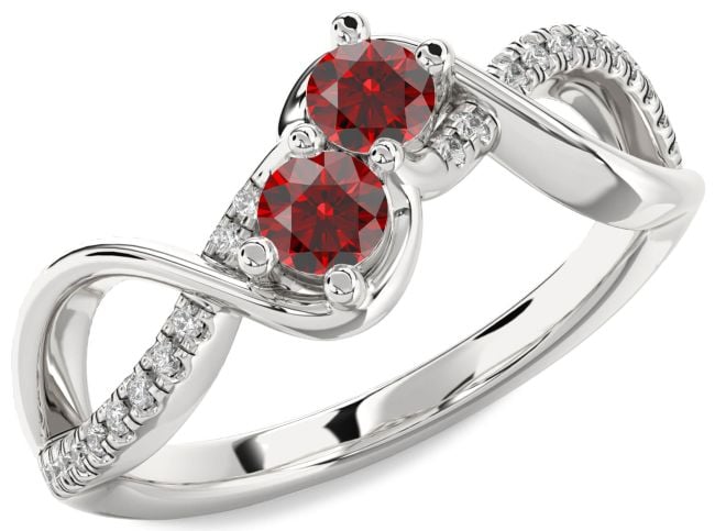 Diamond Garnet Silver Infinity Round Two Stone Birthstone Ring