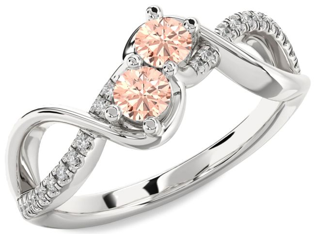 Diamond Morganite Silver Infinity Round Two Stone Ring