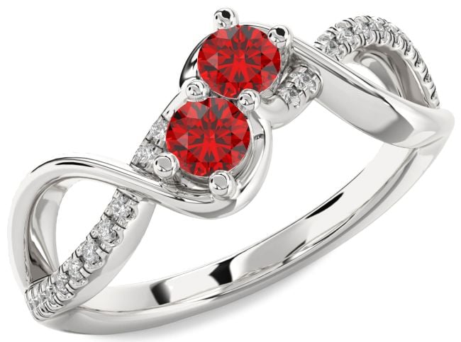 Diamond Ruby Silver Infinity Round Two Stone Birthstone Ring