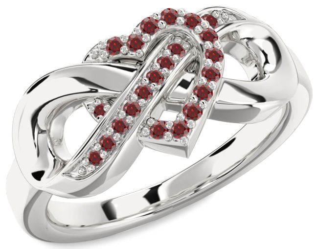 Garnet Silver Heart Infinity Ring