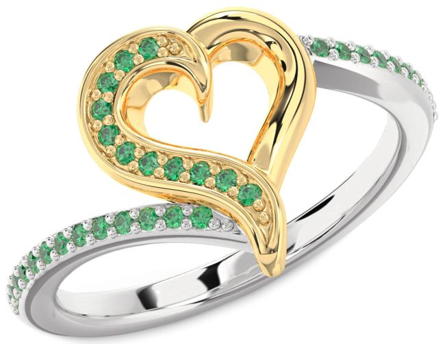 Emerald Silver & 10K gold Heart Ring