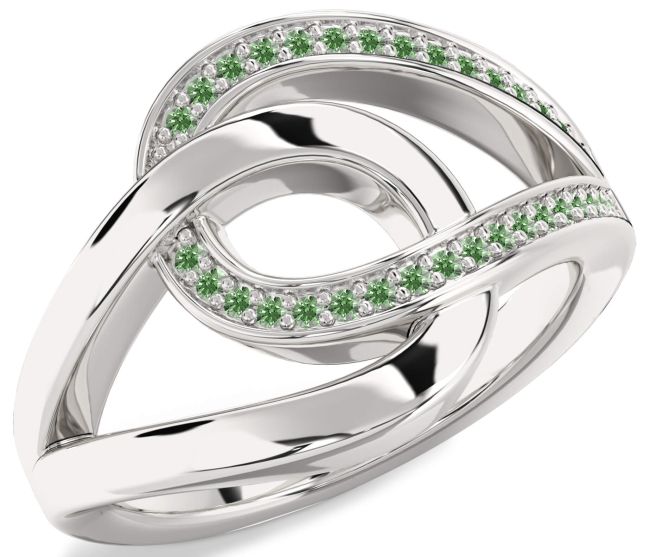 Green Diamond Silver Interlock Knot Ring