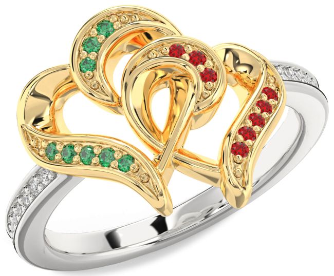 Diamond Emerald & Ruby Silver & 10K gold Heart Promise Ring