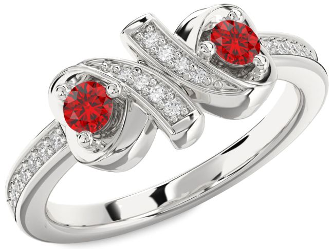 Diamond Ruby Silver Heart Two Stone Birthstone Ring
