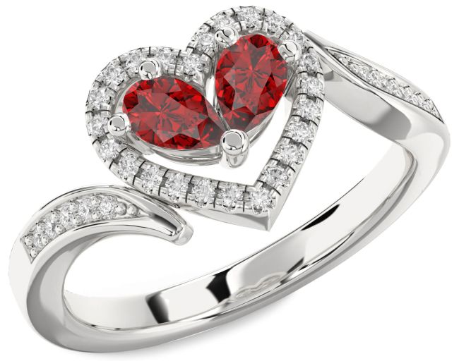Diamond Ruby Platinum Heart Two Stone Birthstone Ring