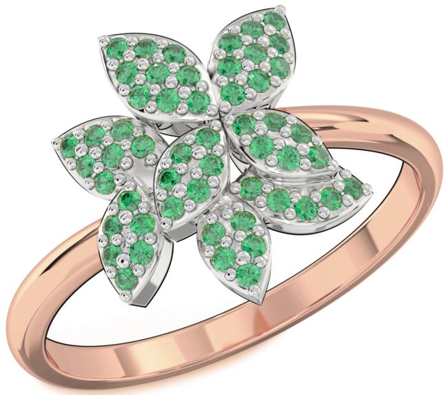 Emerald Rose Gold Silver Flower Ring