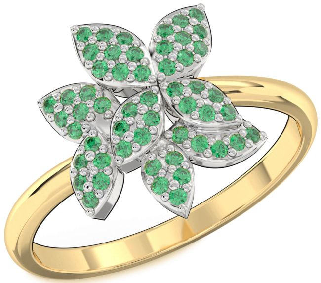 Emerald Gold Silver Flower Ring