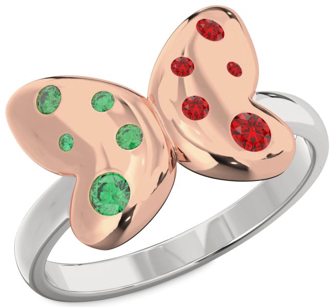 Emerald & Ruby Platinum & Rose Gold Butterfly Ring