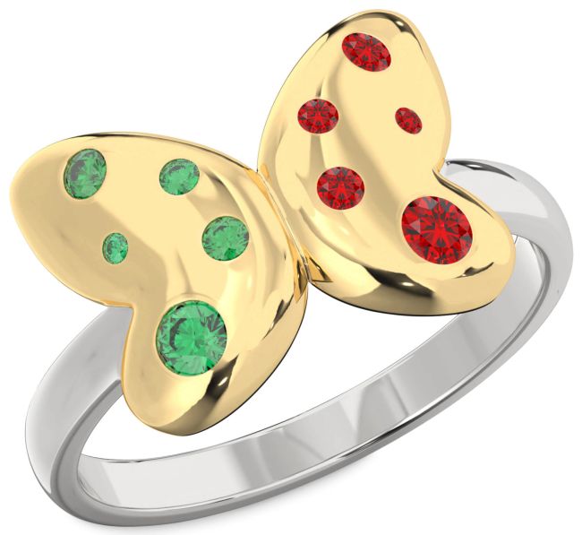 Emerald & Ruby Platinum & Yellow Gold Butterfly Ring