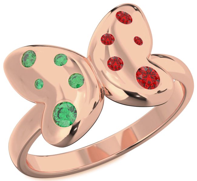 Emerald & Ruby Rose Gold Butterfly Ring