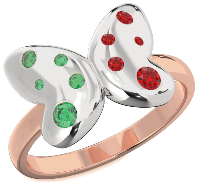 Emerald & Ruby White Rose Gold Butterfly Ring