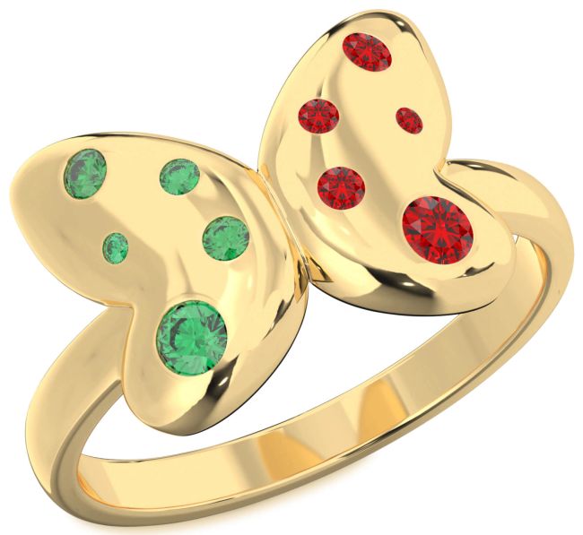 Emerald & Ruby Gold Silver Butterfly Ring