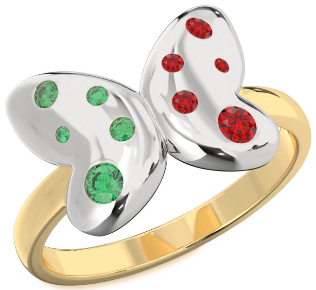 Emerald & Ruby Gold Silver Butterfly Ring
