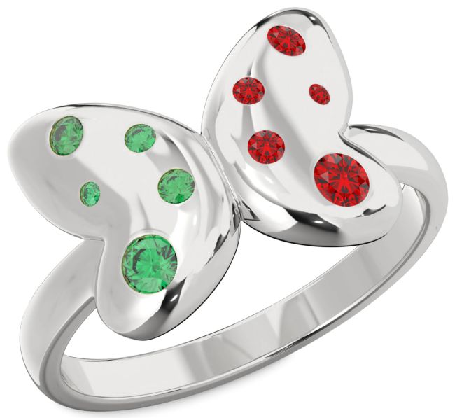 Emerald & Ruby Silver Butterfly Ring