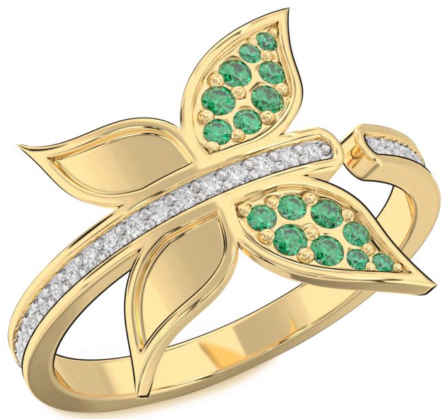 Diamond Emerald Gold Butterfly Ring