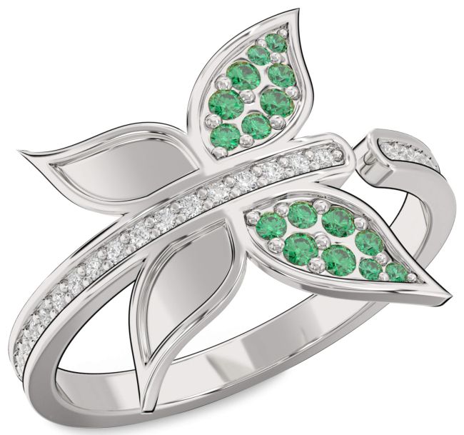Diamond Emerald Platinum Butterfly Ring