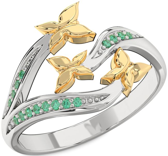 Emerald Gold Silver Butterfly Ring
