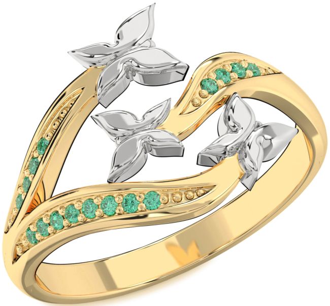 Emerald Gold Silver Butterfly Ring