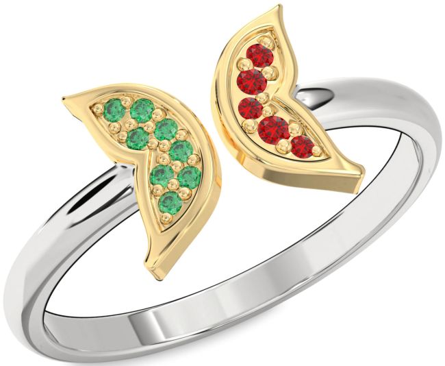 Emerald & Ruby Silver & 10K gold Butterfly Ring