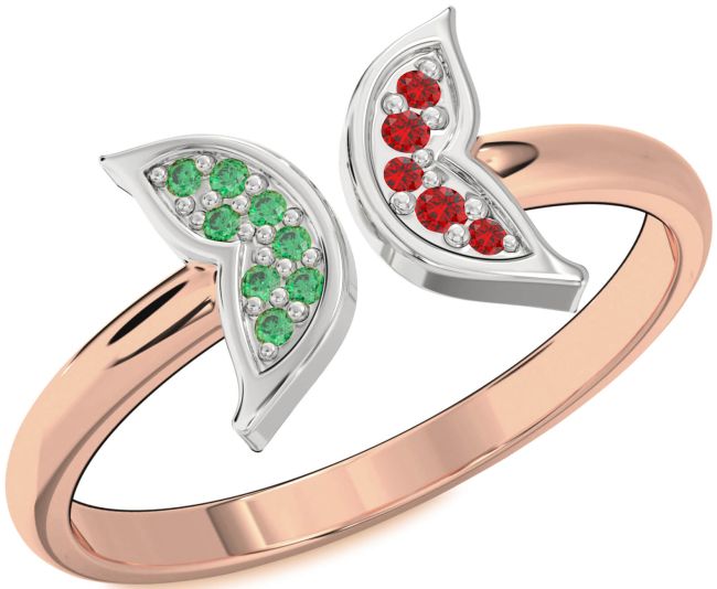 Emerald & Ruby Rose Gold Silver Butterfly Ring