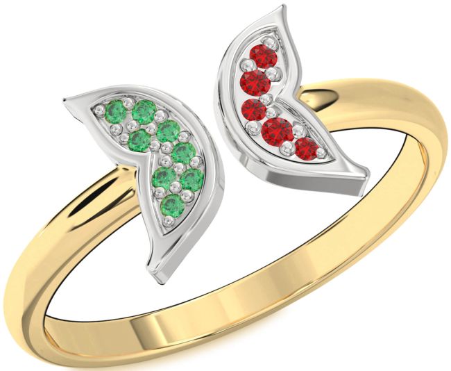 Emerald & Ruby Gold Silver Butterfly Ring