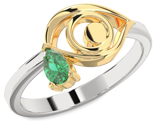 Emerald Silver & 10K gold Evil Eye Teardrop Ring