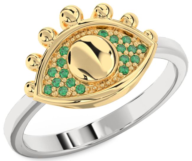 Emerald Silver & 10K gold Evil Eye Ring