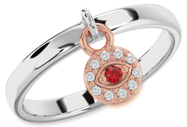 Diamond Ruby White Rose Gold Evil Eye Lock Ring