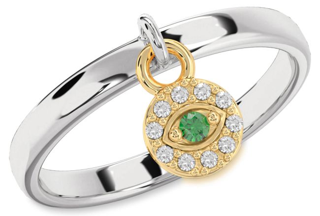 Diamond Emerald Silver & 10K gold Evil Eye Lock Ring