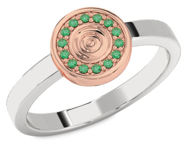Emerald Platinum & Rose Gold Circle Halo Round Ring